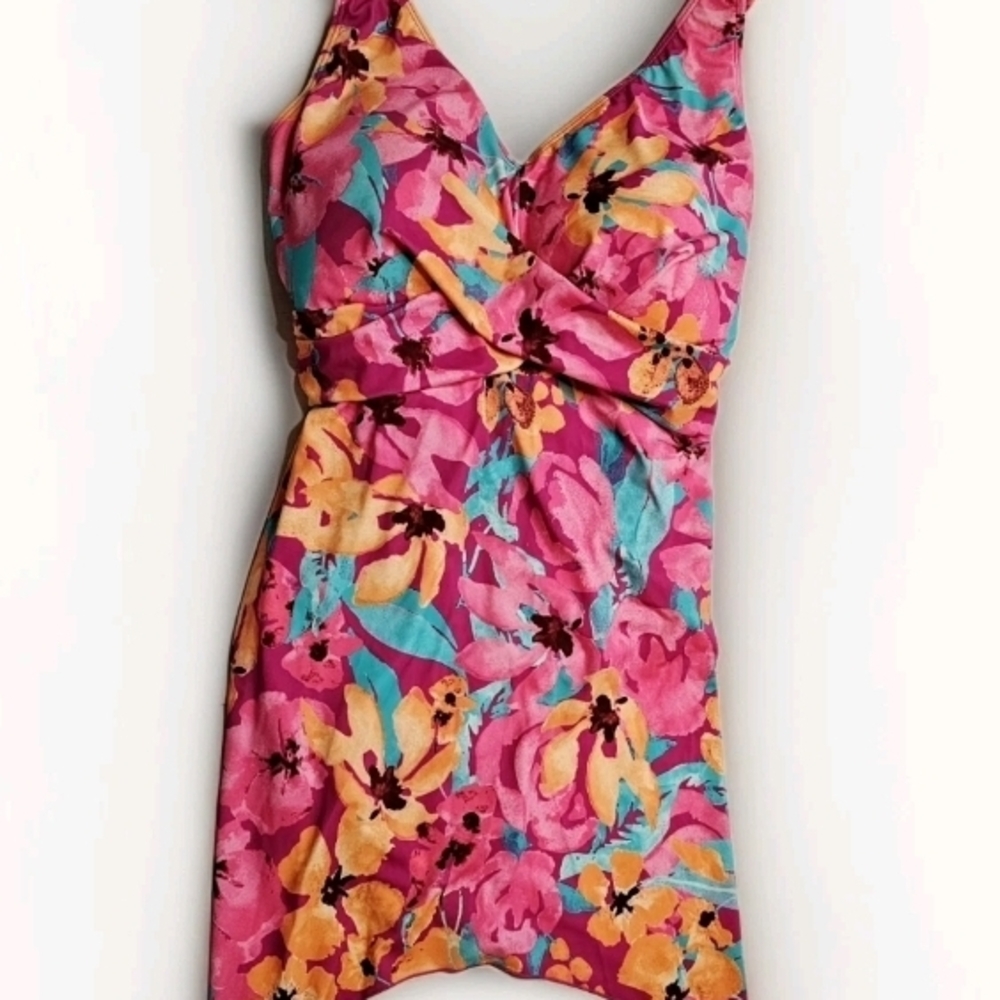 Denim & Co. Beach Hankerchief Hem Belted Swim Dress Pink Watercolor